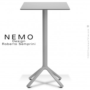 Table mange-debout NEMO, pour CHR., piétement aluminium argent, plateau fixe 60x60 cm., compact finition gris clair.