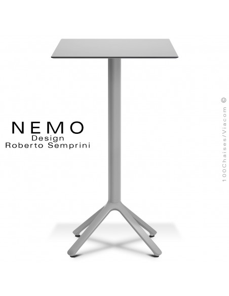 Table mange-debout NEMO, pour CHR., piétement aluminium argent, plateau fixe 60x60 cm., compact finition gris clair.