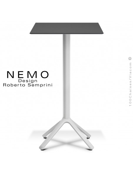 Table mange-debout NEMO, pour CHR., piétement aluminium blanc, plateau fixe 60x60 cm., compact finition anthracite.