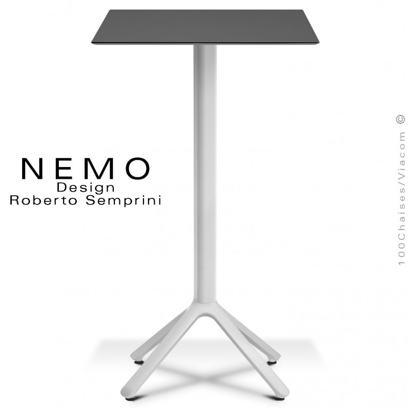 Table mange-debout NEMO, pour CHR., piétement aluminium blanc, plateau fixe 60x60 cm., compact finition anthracite.