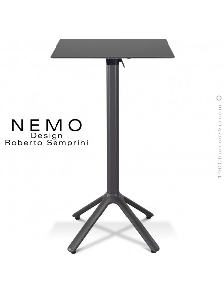 Table mange debout NEMO, piétement encastrable peint anthracite, plateau rabattable 60x60 cm., compact anthracite.