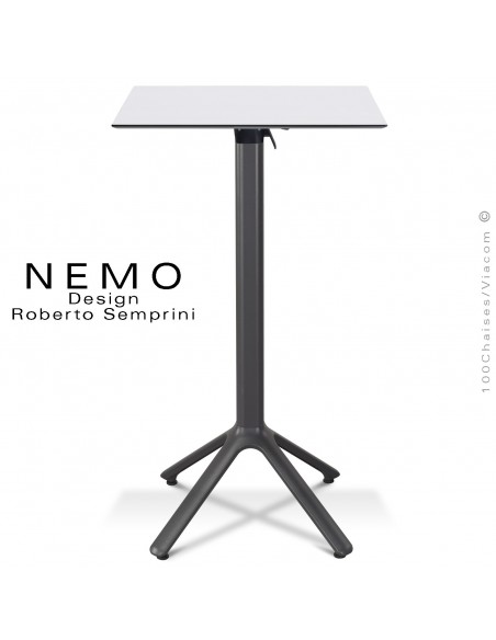 Table mange debout NEMO, piétement encastrable peint anthracite, plateau rabattable 60x60 cm., compact blanc.