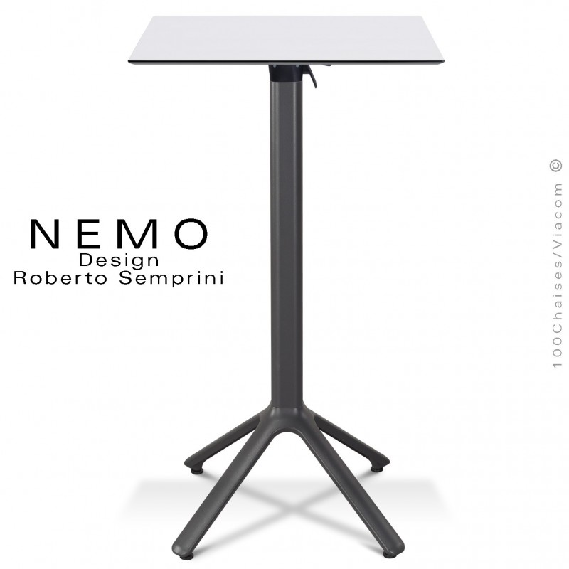 Table mange debout NEMO, piétement encastrable peint anthracite, plateau rabattable 60x60 cm., compact blanc.