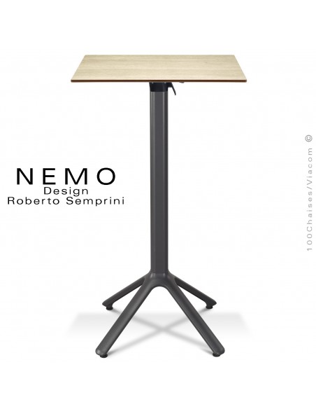 Table mange debout NEMO, piétement encastrable peint anthracite, plateau rabattable 60x60 cm., compact chêne clair.