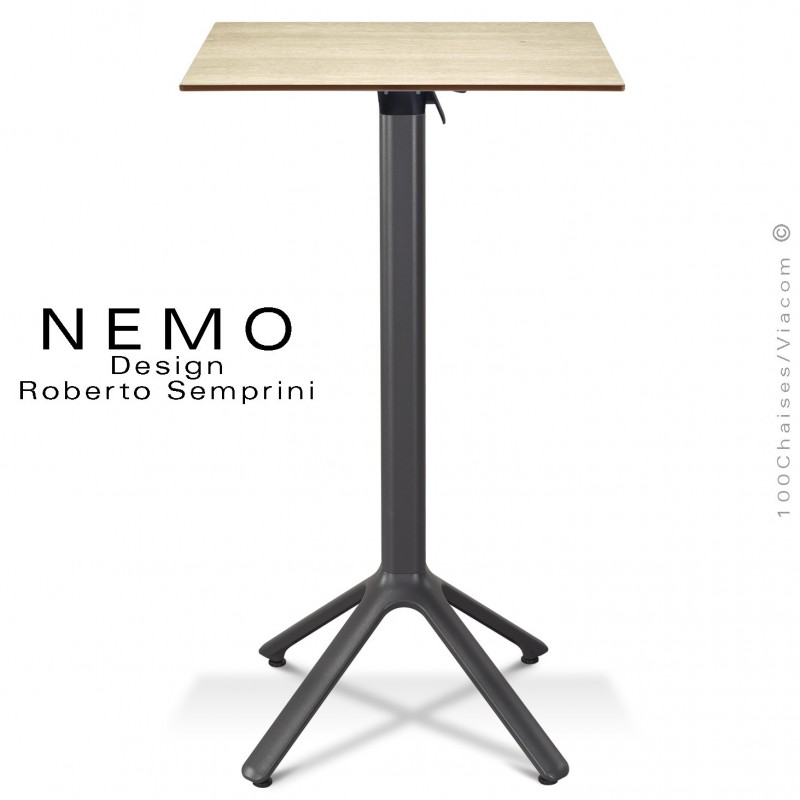 Table mange debout NEMO, piétement encastrable peint anthracite, plateau rabattable 60x60 cm., compact chêne clair.