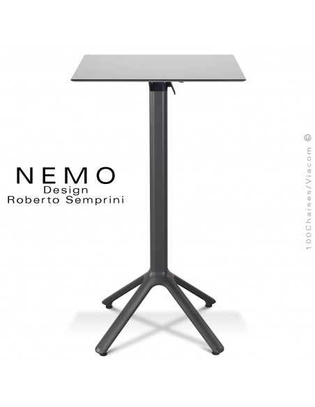 Table mange debout NEMO, piétement encastrable peint anthracite, plateau rabattable 60x60 cm., compact gris clair.