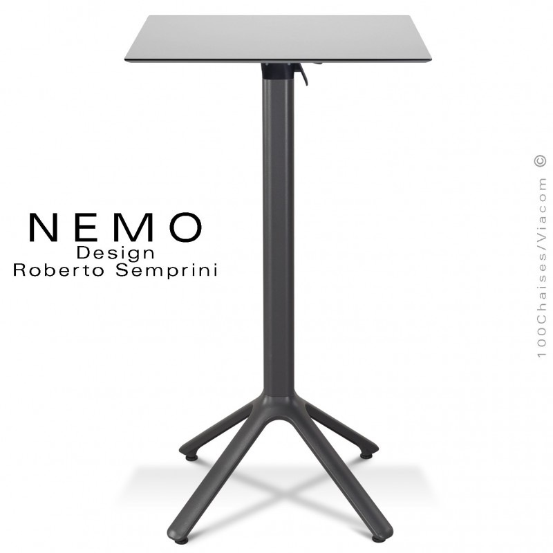 Table mange debout NEMO, piétement encastrable peint anthracite, plateau rabattable 60x60 cm., compact gris clair.