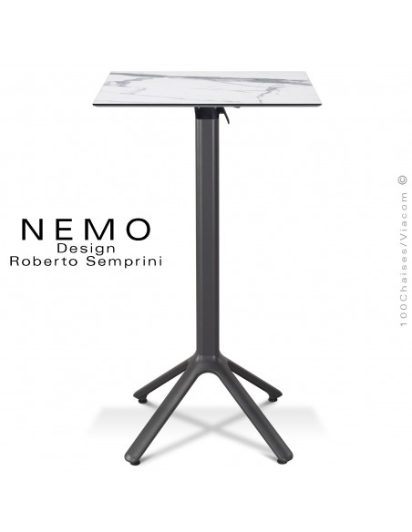 Table mange debout NEMO, piétement encastrable peint anthracite, plateau rabattable 60x60 cm., compact marbre blanc.