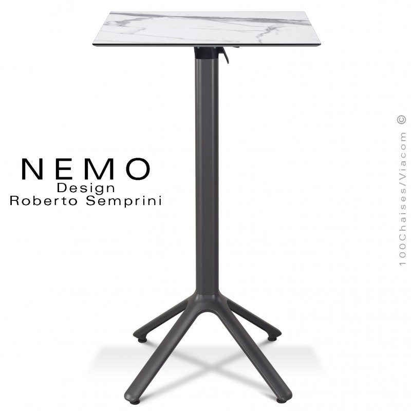 Table mange debout NEMO, piétement encastrable peint anthracite, plateau rabattable 60x60 cm., compact marbre blanc.