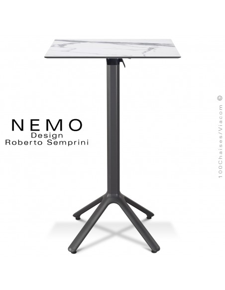 Table mange debout NEMO, piétement encastrable peint anthracite, plateau rabattable 70x70 cm., compact marbre blanc.