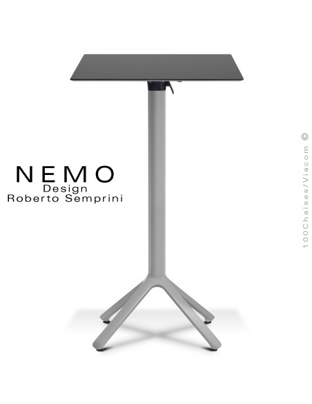 Table mange debout NEMO, piétement encastrable peint argent, plateau rabattable 60x60 cm., compact anthracite.