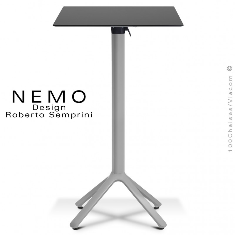 Table mange debout NEMO, piétement encastrable peint argent, plateau rabattable 60x60 cm., compact anthracite.