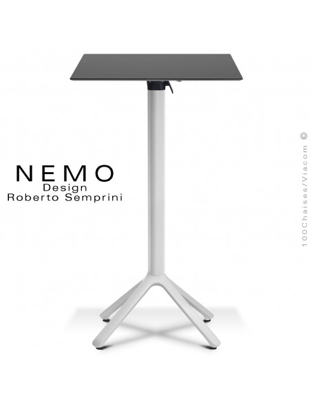 Table mange debout NEMO, piétement encastrable peint blanc, plateau rabattable 60x60 cm., compact anthracite.