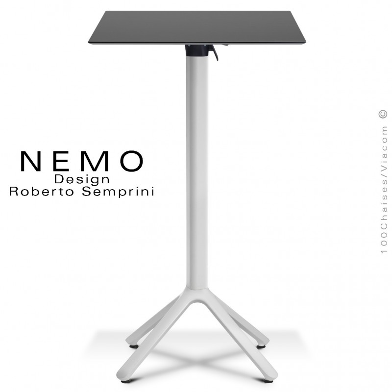 Table mange debout NEMO, piétement encastrable peint blanc, plateau rabattable 60x60 cm., compact anthracite.