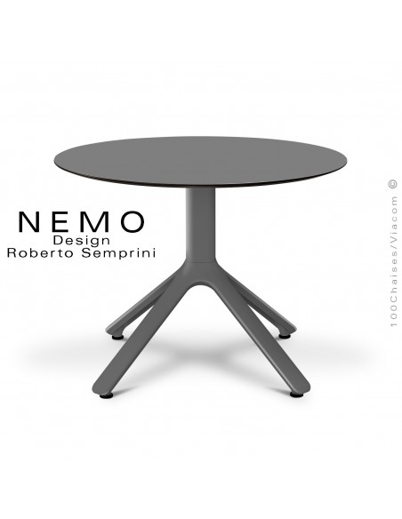 Table basse NEMO, pour CHR., piétement aluminium anthracite, plateau fixe Ø60 cm., HPL couleur anthracite.