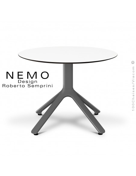 Table basse NEMO, pour CHR., piétement aluminium anthracite, plateau fixe Ø60 cm., HPL couleur blanc.