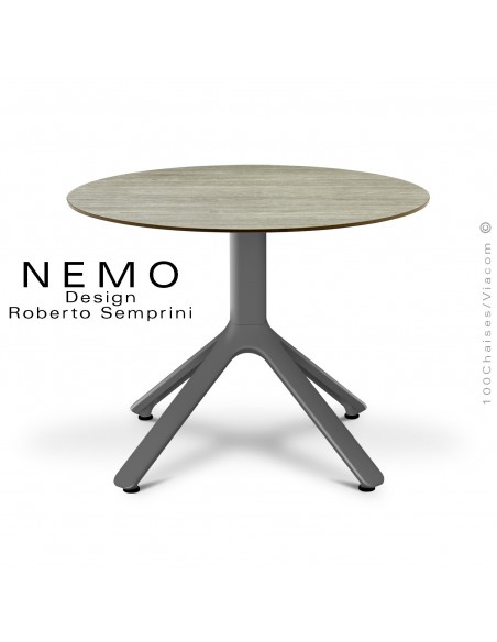 Table basse NEMO, pour CHR., piétement aluminium anthracite, plateau fixe Ø60 cm., HPL chêne.