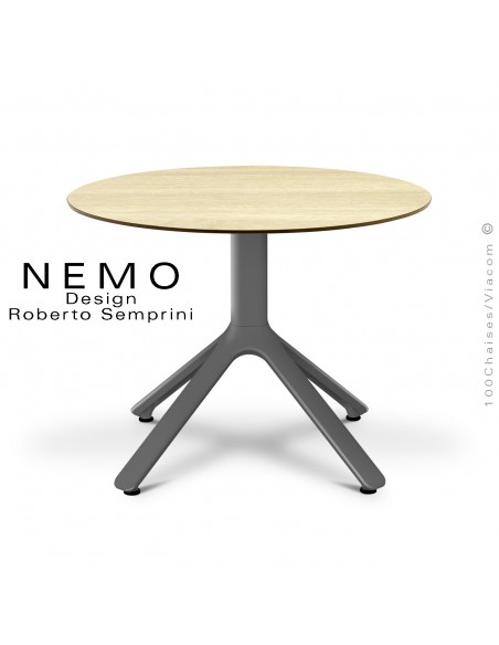Table basse NEMO, pour CHR., piétement aluminium anthracite, plateau fixe Ø60 cm., HPL chêne clair.