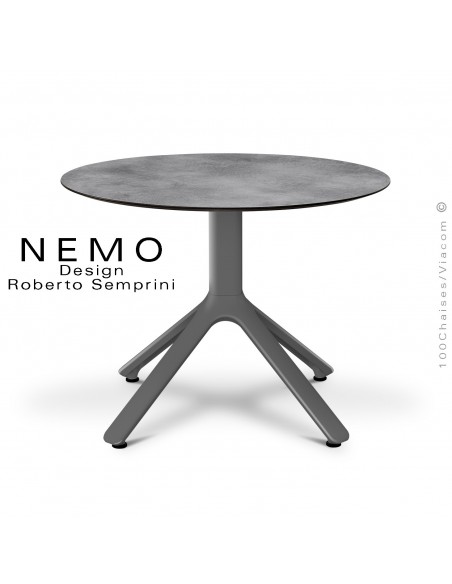 Table basse NEMO, pour CHR., piétement aluminium anthracite, plateau fixe Ø60 cm., HPL chêne ciment.