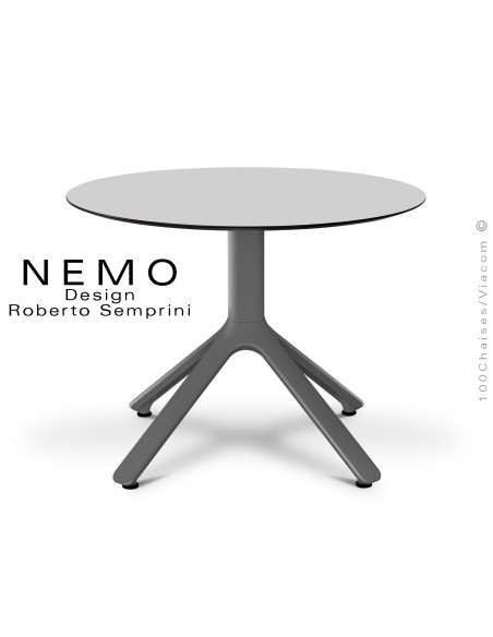 Table basse NEMO, pour CHR., piétement aluminium anthracite, plateau fixe Ø60 cm., HPL gris clair.