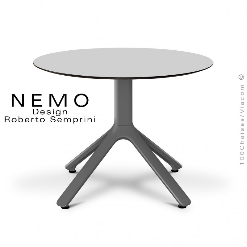 Table basse NEMO, pour CHR., piétement aluminium anthracite, plateau fixe Ø60 cm., HPL gris clair.
