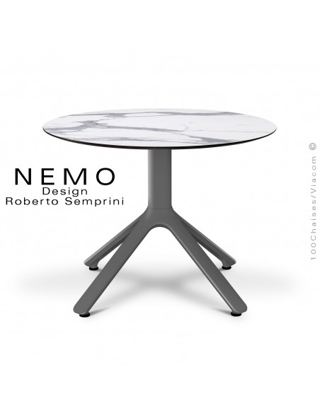 Table basse NEMO, pour CHR., piétement aluminium anthracite, plateau fixe Ø60 cm., HPL marbre blanc.