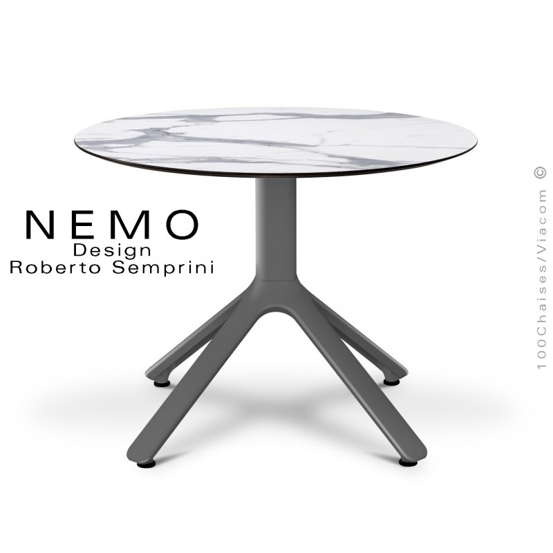 Table basse NEMO, pour CHR., piétement aluminium anthracite, plateau fixe Ø60 cm., HPL marbre blanc.