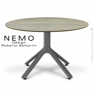 Table basse NEMO, pour CHR., piétement aluminium anthracite, plateau fixe Ø80 cm., HPL chêne.