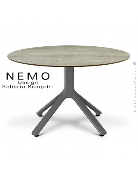 Table basse NEMO, pour CHR., piétement aluminium anthracite, plateau fixe Ø80 cm., HPL chêne.