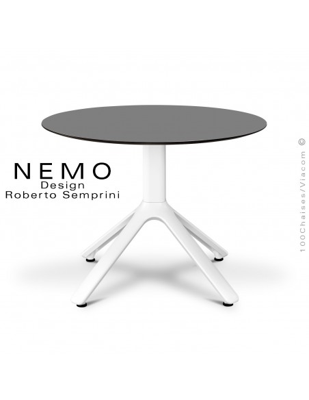 Table basse NEMO, pour CHR., piétement aluminium blanc, plateau fixe Ø60 cm., HPL couleur anthracite.