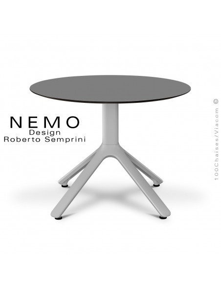 Table basse NEMO, pour CHR., piétement aluminium gris clair, plateau fixe Ø60 cm., HPL couleur anthracite.