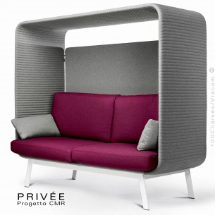 Banquette alcôve PRIVÉE, canopy LK538, assise et dossier LK530, coussins LK538, structure peinture blanche.