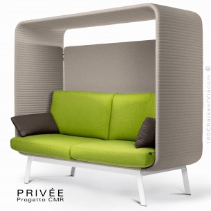 Banquette alcôve PRIVÉE, canopy LK535, assise et dossier LK542, coussins LK539, structure peinture blanche.