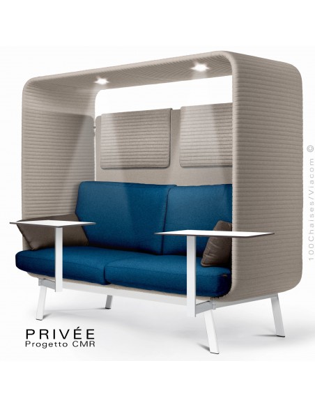 Banquette PRIVÉE, canopy LK535, assise-dossier LK541, coussins LK539, appuis-tête LK535, 2 tablettes, 2 LED, structure blanche.