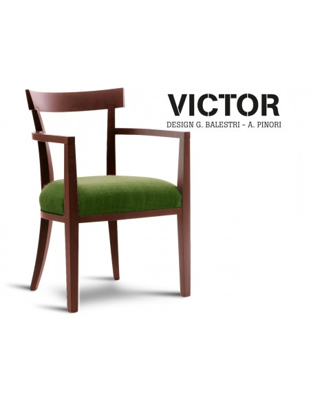 VICTOR fauteuil en bois finition acajou, habillage toile de jute vert armé 520