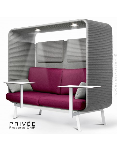 PRIVÉE, canopy LK538, assise dossier LK530, coussins LK538, 2 appuis-tête LK538, 2 tablettes, 2 LED+USB, structure blanche.