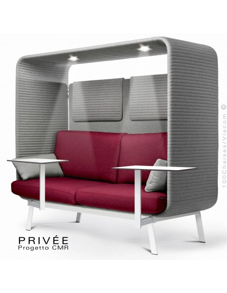 PRIVÉE, canopy LK538, assise dossier LK531, coussins LK538, 2 appuis-tête LK538, 2 tablettes, 2 LED+USB, structure blanche.