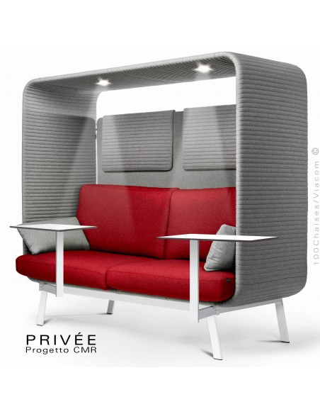 PRIVÉE, canopy LK538, assise dossier LK532, coussins LK538, 2 appuis-tête LK538, 2 tablettes, 2 LED+USB, structure blanche.