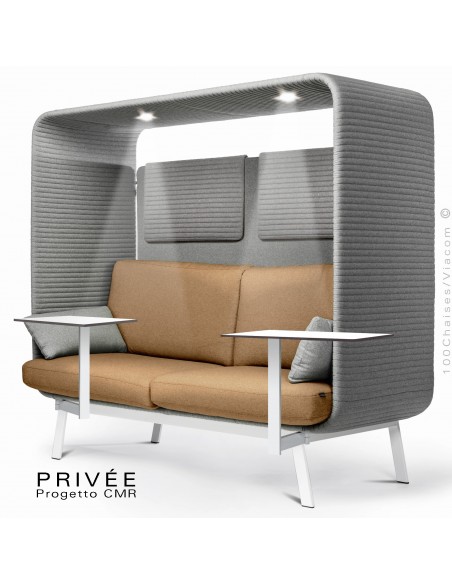 PRIVÉE, canopy LK538, assise dossier LK534, coussins LK538, 2 appuis-tête LK538, 2 tablettes, 2 LED+USB, structure blanche.