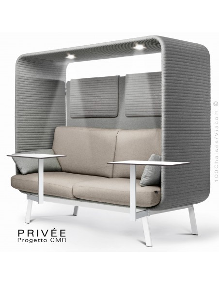 PRIVÉE, canopy LK538, assise dossier LK535, coussins LK538, 2 appuis-tête LK538, 2 tablettes, 2 LED+USB, structure blanche.