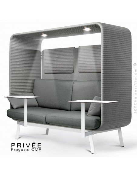 PRIVÉE, canopy LK538, assise dossier LK538, coussins LK538, 2 appuis-tête LK538, 2 tablettes, 2 LED+USB, structure blanche.