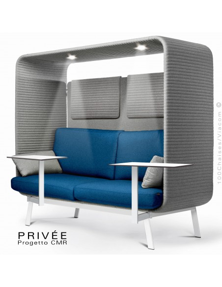 PRIVÉE, canopy LK538, assise dossier LK540, coussins LK538, 2 appuis-tête LK538, 2 tablettes, 2 LED+USB, structure blanche.