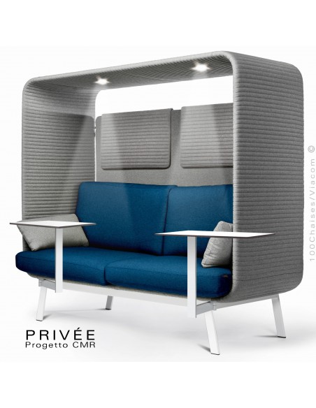 PRIVÉE, canopy LK538, assise dossier LK541, coussins LK538, 2 appuis-tête LK538, 2 tablettes, 2 LED+USB, structure blanche.