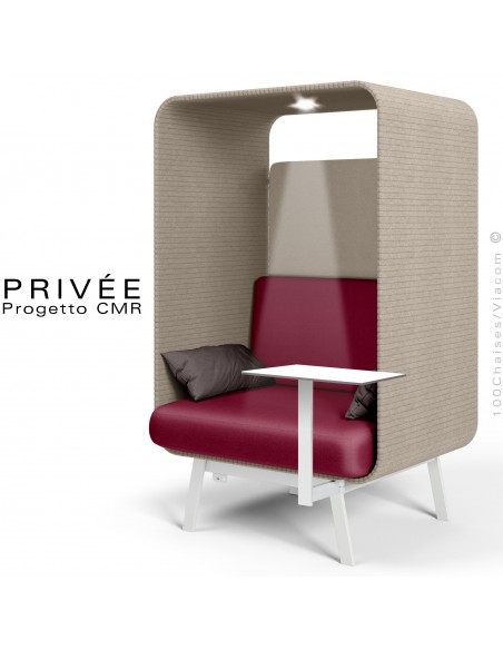 Banquette alcôve PRIVÉE, canopy LK535, assise LK531 coussin LK539, 1 tablette, 1 spot LED, structure peinture blanche.