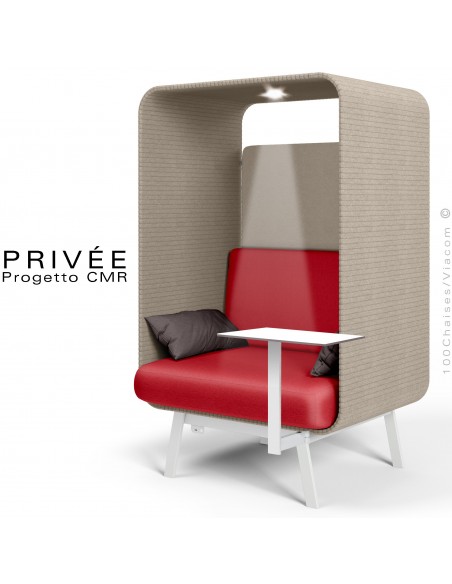 Banquette alcôve PRIVÉE, canopy LK535, assise LK532 coussin LK539, 1 tablette, 1 spot LED, structure peinture blanche.