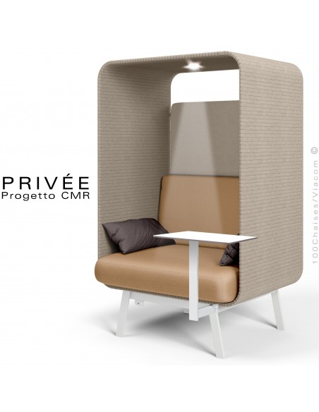 Banquette alcôve PRIVÉE, canopy LK535, assise LK534 coussin LK539, 1 tablette, 1 spot LED, structure peinture blanche.