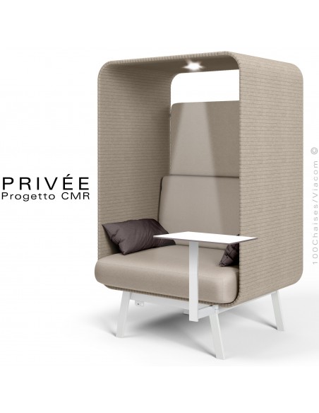 Banquette alcôve PRIVÉE, canopy LK535, assise LK535 coussin LK539, 1 tablette, 1 spot LED, structure peinture blanche.