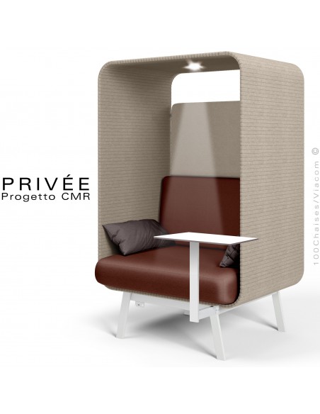 Banquette alcôve PRIVÉE, canopy LK535, assise LK536 coussin LK539, 1 tablette, 1 spot LED, structure peinture blanche.