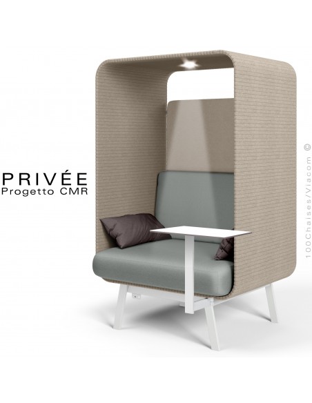 Banquette alcôve PRIVÉE, canopy LK535, assise LK538 coussin LK539, 1 tablette, 1 spot LED, structure peinture blanche.