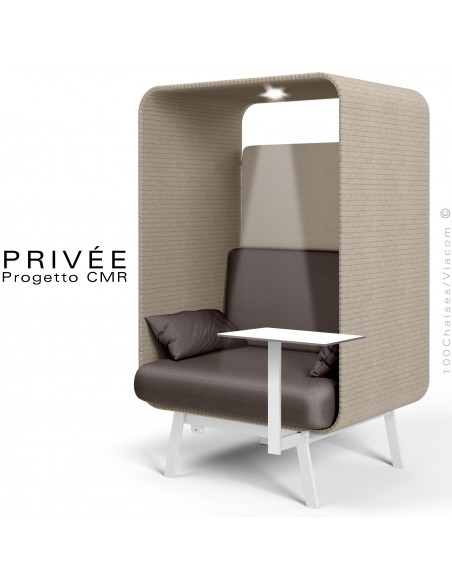 Banquette alcôve PRIVÉE, canopy LK535, assise LK539 coussin LK539, 1 tablette, 1 spot LED, structure peinture blanche.